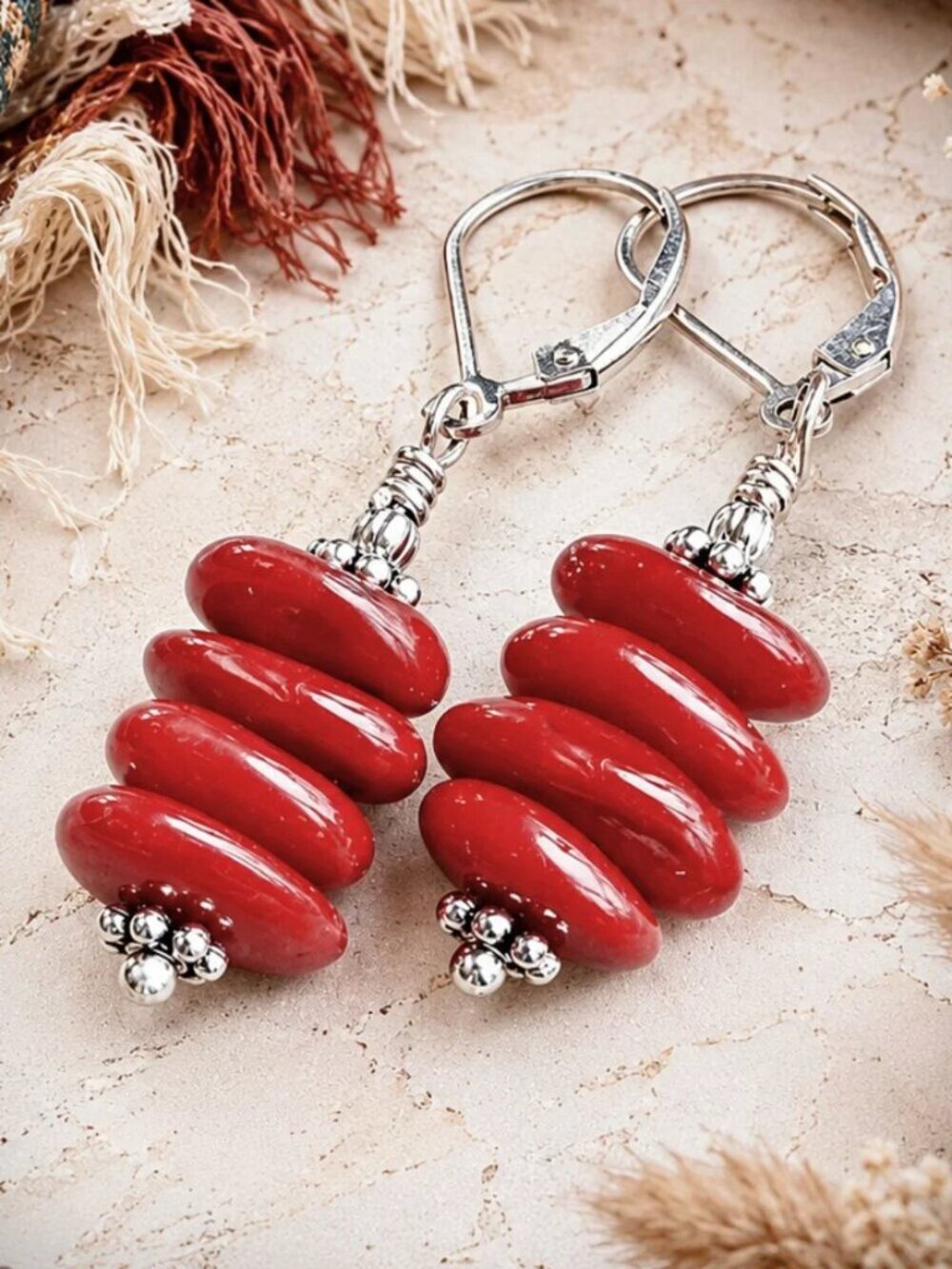 Red Coral Earrings Sterling Silver Southwest Boho Western Leverback Dangle